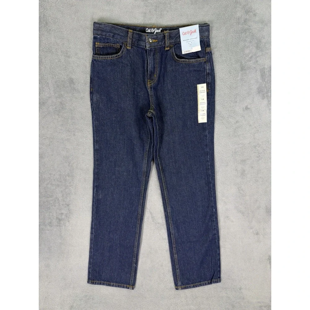 New Cat & Jack Jeans Boys 14 Blue Dark Wash Relaxed Straight Adjustable Waist
